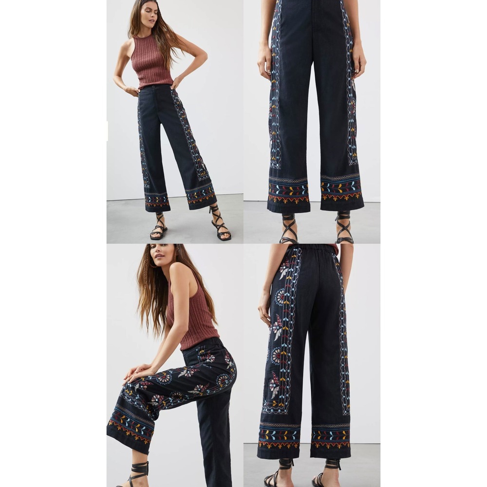 Anthropologie Embroidered Wide Leg Crop Pants Black Boho XL